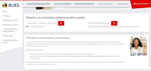 Captura de pantalla de la página del RUES