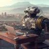 Al igual que texto, existen herramientas para crear imágenes. Una de ellas es https://midjourney.com/, a la que se le pidió que ilustrara un robot con un paisaje cafetero y que pusiera la ciudad de Manizales al fondo. La foto es el resultado.