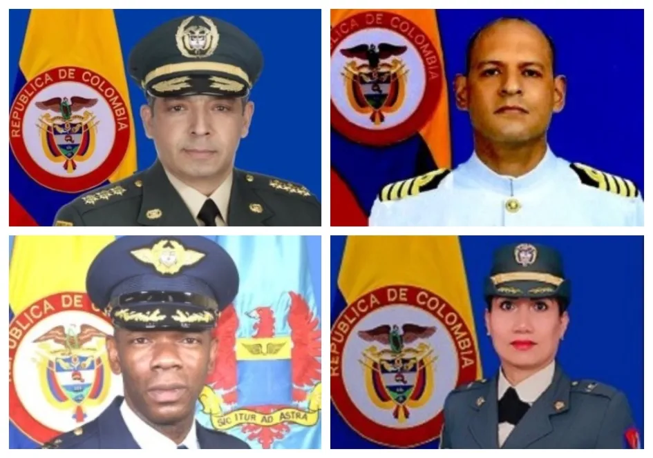 El mayor general Hugo Alejandro López Barreto, del Ejército (arriba a la izquierda); el capitán de navío Roberto Bonilla Arias, de la Armada (arriba a la derecha); el teniente coronel Rodrigo Mezu Mina, de la Fuerza Aérea, y la mayor Isabel Cristina Ozuna Stockl, del Ejército. El mayor general Hugo Alejandro López Barreto, del Ejército (arriba a la izquierda); el capitán de navío Roberto Bonilla Arias, de la Armada (arriba a la derecha); el teniente coronel Rodrigo Mezu Mina, de la Fuerza Aérea, y la mayor Isabel Cristina Ozuna Stockl, del Ejército.