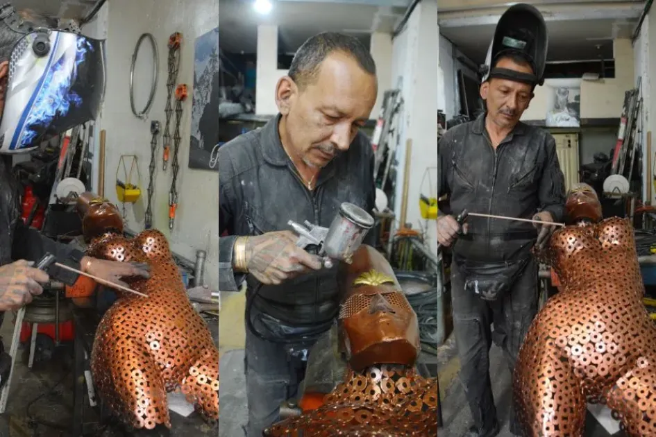 600 arandelas finamente soldadas dan forma a esta cultura elaborada por Jorge Luis Gil en su taller de metal mecánica ubicado en el barrio San José, de Manizales. 600 arandelas finamente soldadas dan forma a esta cultura elaborada por Jorge Luis Gil en su taller de metal mecánica ubicado en el barrio San José, de Manizales.