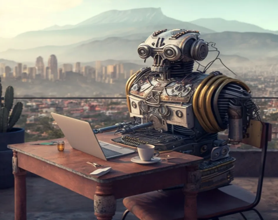 Al igual que texto, existen herramientas para crear imágenes. Una de ellas es https://midjourney.com/, a la que se le pidió que ilustrara un robot con un paisaje cafetero y que pusiera la ciudad de Manizales al fondo. La foto es el resultado.
