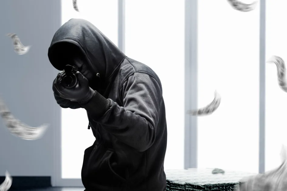 Ilustración. Foto gratuita hombre criminal en máscara oculta apuntando con la escopeta mientras roba el dinero en el banco