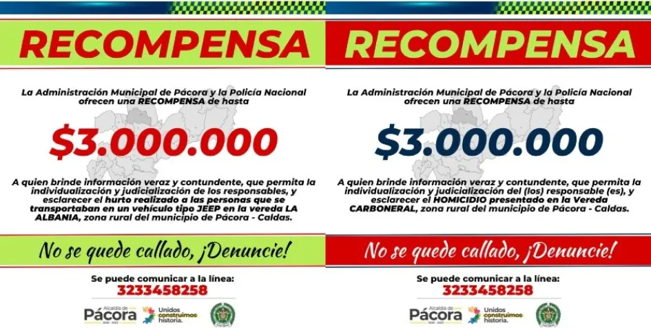 Alcaldía de Pácora y Policía ofrecen recompensas para esclarecer robo y homicidio Alcaldía de Pácora y Policía ofrecen recompensas para esclarecer robo y homicidio