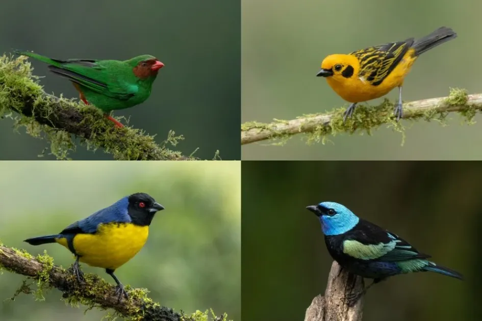 tángaras Manizales Tángara lorito (Chlorornis riefferii), azulejo real (Buthraupis montana), tángara dorada (Tangara arthus), tángara real (Stilpnia cyanicollis).