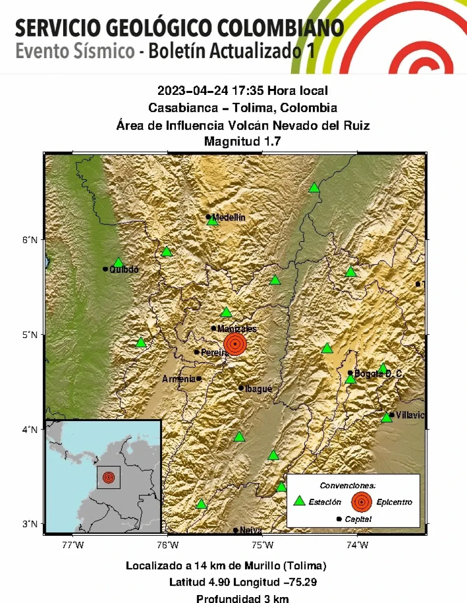 Registran sismo en área de influencia del volcán Nevado del Ruiz Registran sismo en área de influencia del volcán Nevado del Ruiz