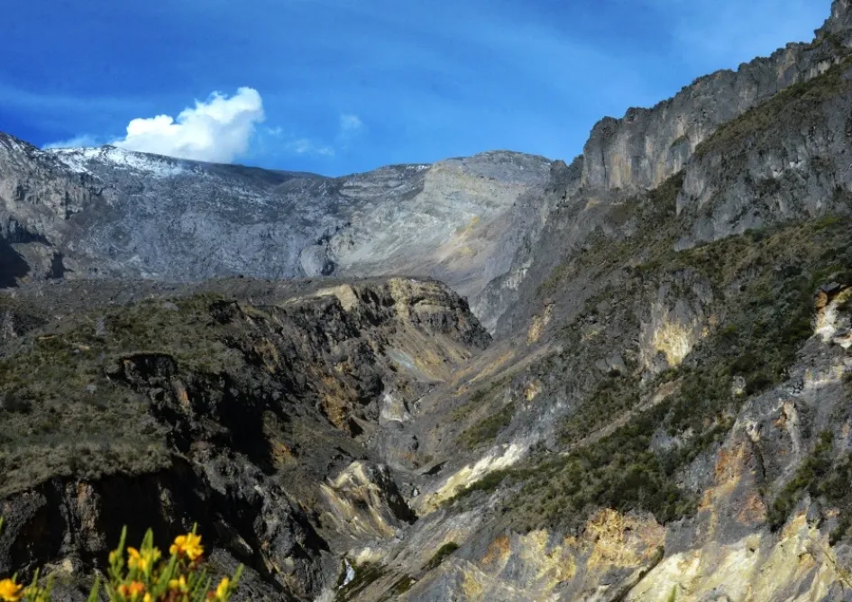Esta imagen evidencia el registro que han dejado los lahares o flujos de lodo volcánico al recorrer los afluentes que nacen en el volcán Nevado del Ruiz, como el río Azufrado, ubicado hacia el oriente del Cumanday. Esta imagen evidencia el registro que han dejado los lahares o flujos de lodo volcánico al recorrer los afluentes que nacen en el volcán Nevado del Ruiz, como el río Azufrado, ubicado hacia el oriente del Cumanday.