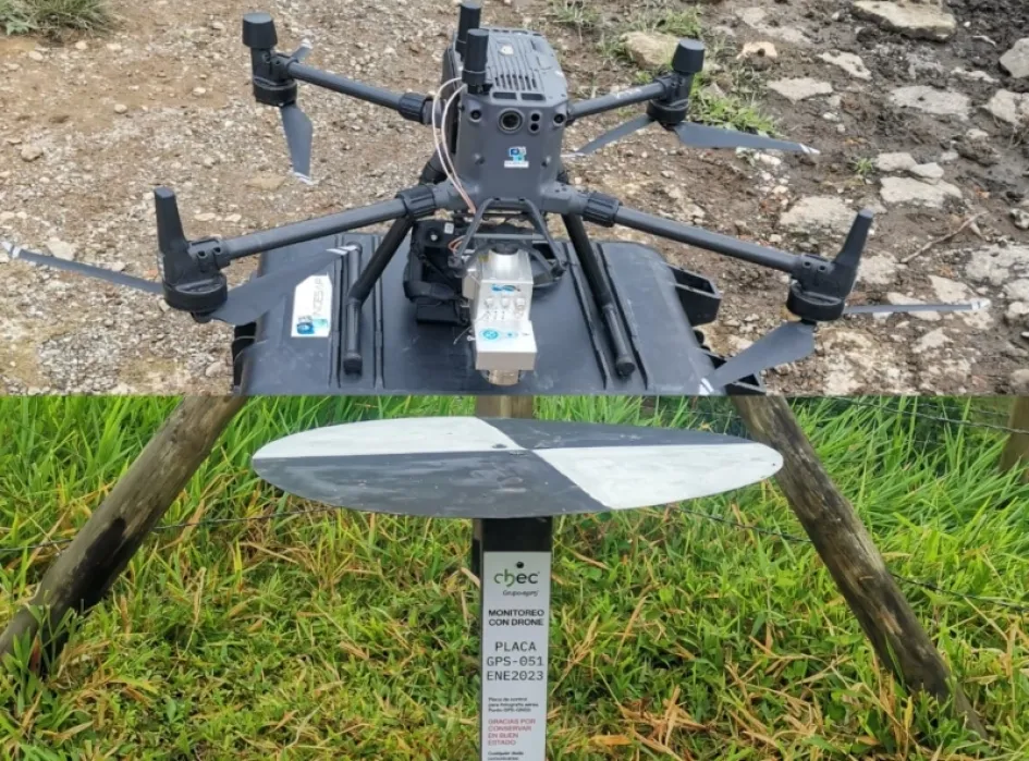 El dron y los puntos de fotocontrol utilizados para el proyecto de georreferenciación de la Chec. El dron y los puntos de fotocontrol utilizados para el proyecto de georreferenciación de la Chec.