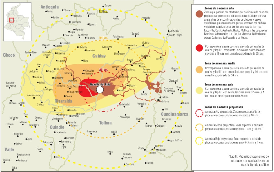 Este es el mapa de riesgo del volcán Nevado del Ruiz, con un límite establecido en un radio ubicado a 15 kilómetros del cráter Arenas. Desde este 12 de mayo el área se redujo a 10 kilómetros a la redonda. Este es el mapa de riesgo del volcán Nevado del Ruiz, con un límite establecido en un radio ubicado a 15 kilómetros del cráter Arenas. Desde este 12 de mayo el área se redujo a 10 kilómetros a la redonda.