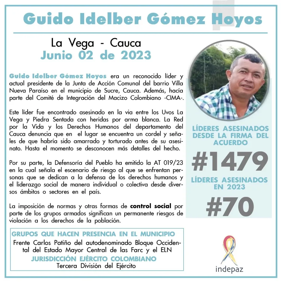 Asesinan a cinco personas, entre ellas dos líderes sociales, en Guaviare y Cauca Asesinan a cinco personas, entre ellas dos líderes sociales, en Guaviare y Cauca