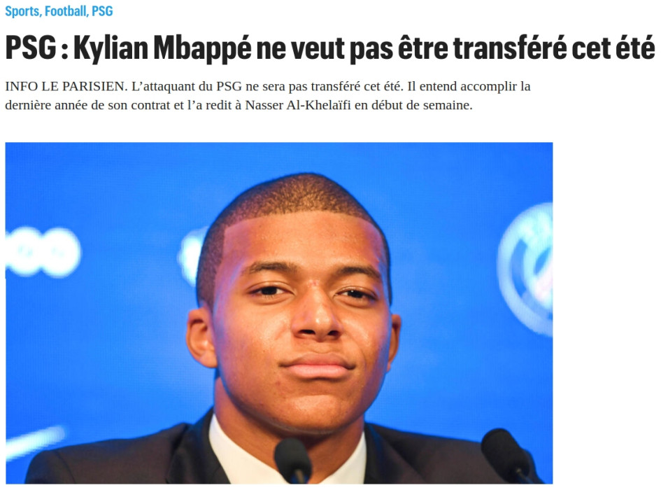 Captura de pantalla de la noticia en la que Le Parisien anuncia que el astro galo se queda en el PSG.