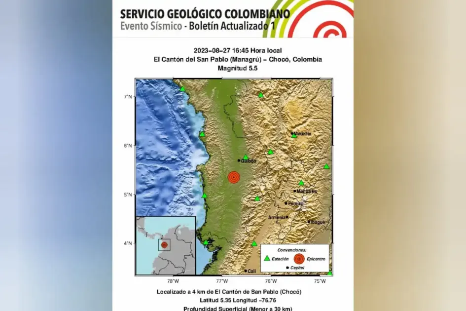 Temblor en el Chocó de 5.5 de magnitud se sintió en Manizales y Caldas Temblor en el Chocó de 5.5 de magnitud se sintió en Manizales y Caldas