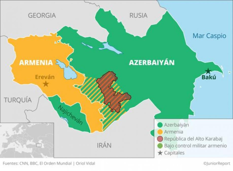 Mapa del conflicto entre Armenia y Azerbaiyán por el territorio conocido como Nagorno (Alto) Karabaj. Mapa del conflicto entre Armenia y Azerbaiyán por el territorio conocido como Nagorno (Alto) Karabaj.