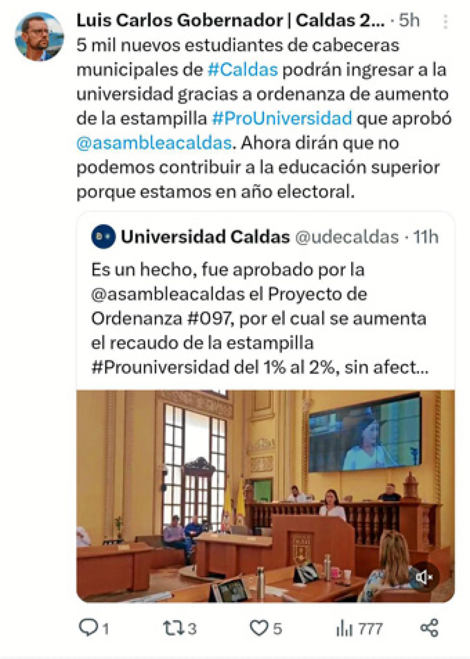 “Ahora dirán que no podemos contribuir a la educación porque estamos en año electoral”, dijo el mandatario de los caldenses.