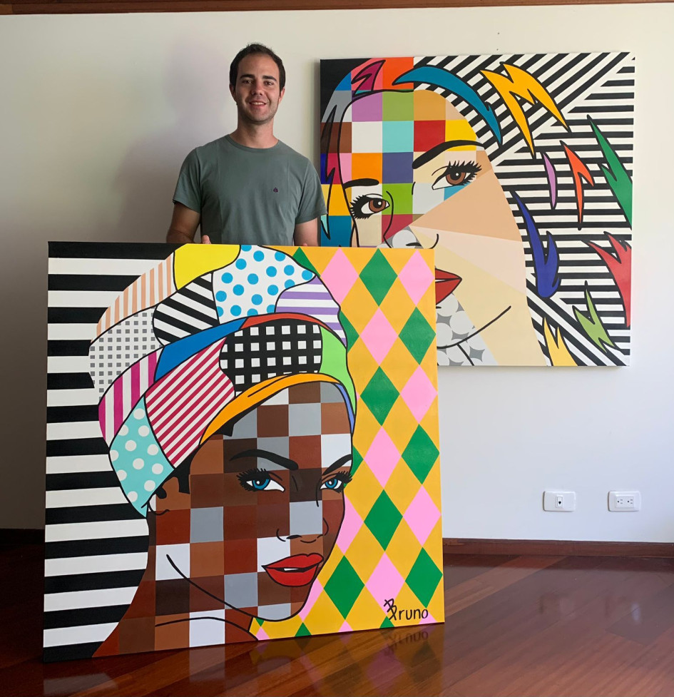 Como parte de la galería Ralwin, Bruno llevará 2 obras de 120x 120 cm en acrílico sobre lienzo. Se trata de dos rostros figurativos en arte pop. Uno de ellos, bautizado Colombian Colors, representa a una mujer afro palenquera; El otro se llama Colombian Beauty. Como parte de la galería Ralwin, Bruno levará 2 obras de 120 x 120 cm en acrílico sobre lienzo. Se trata de dos rostros figurativos en arte pop. Uno de ellos, bautizado Colombian Colors, representa a una mujer afro palenquera; El otro se llama Colombian Beauty.