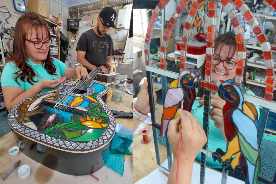 Guitarras como lienzo para plasmar obras de arte en vitral y Guitarras como lienzo para plasmar obras de arte en vitral y