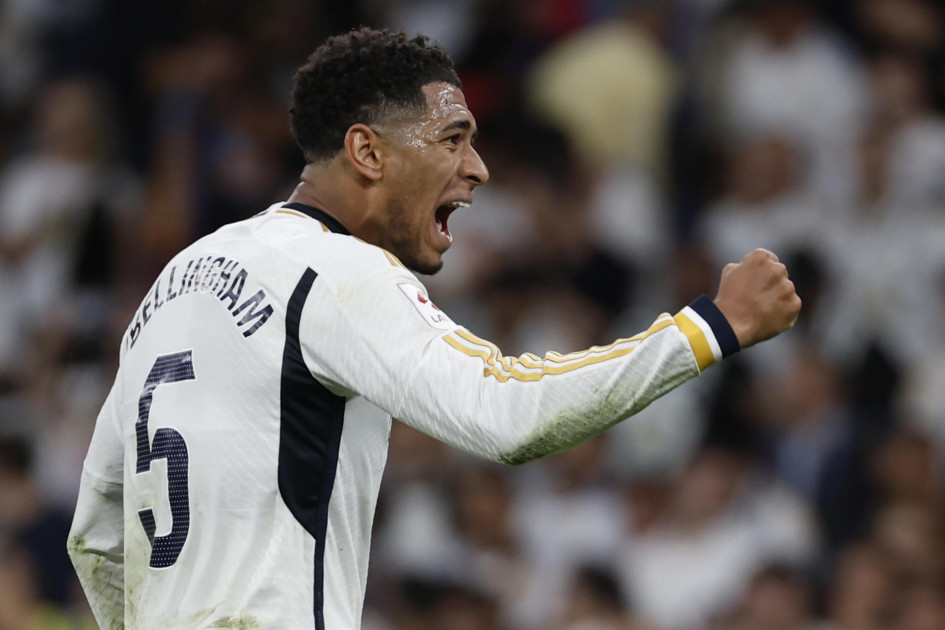 El centrocampista británico del Real Madrid Jude Bellingham celebra su gol durante el partido de la jornada 32 El centrocampista británico del Real Madrid Jude Bellingham celebra su gol durante el partido de la jornada 32