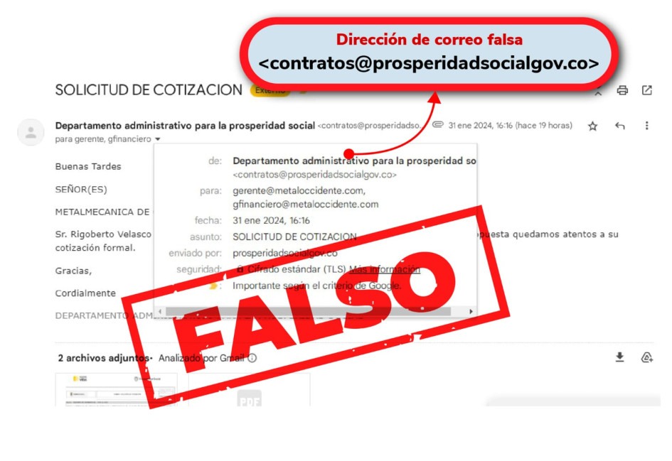 A través de correos electrónicos como este, inescrupulosos han intentado estafar a nombre del Departamento de Prosperidad Social. A través de correos electrónicos como este, inescrupulosos han intentado estafar a nombre del Departamento de Prosperidad Social.