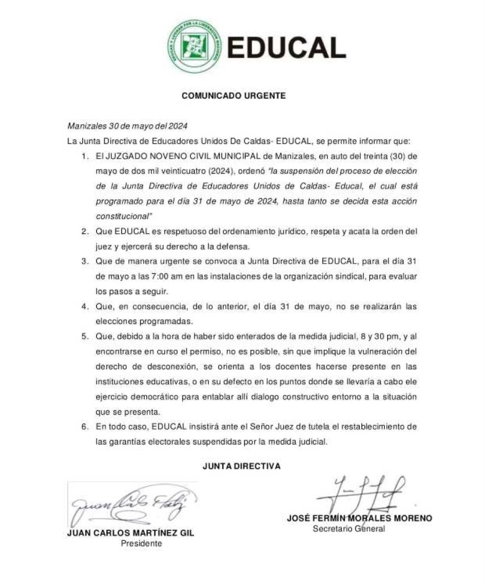 Comunicado de anoche de Educadores Unidos de Caldas (Educal) ante la suspensión de las elecciones de junta directiva, que estaban previstas para hoy. Comunicado de anoche de Educadores Unidos de Caldas (Educal) ante la suspensión de las elecciones de junta directiva, que estaban previstas para hoy.