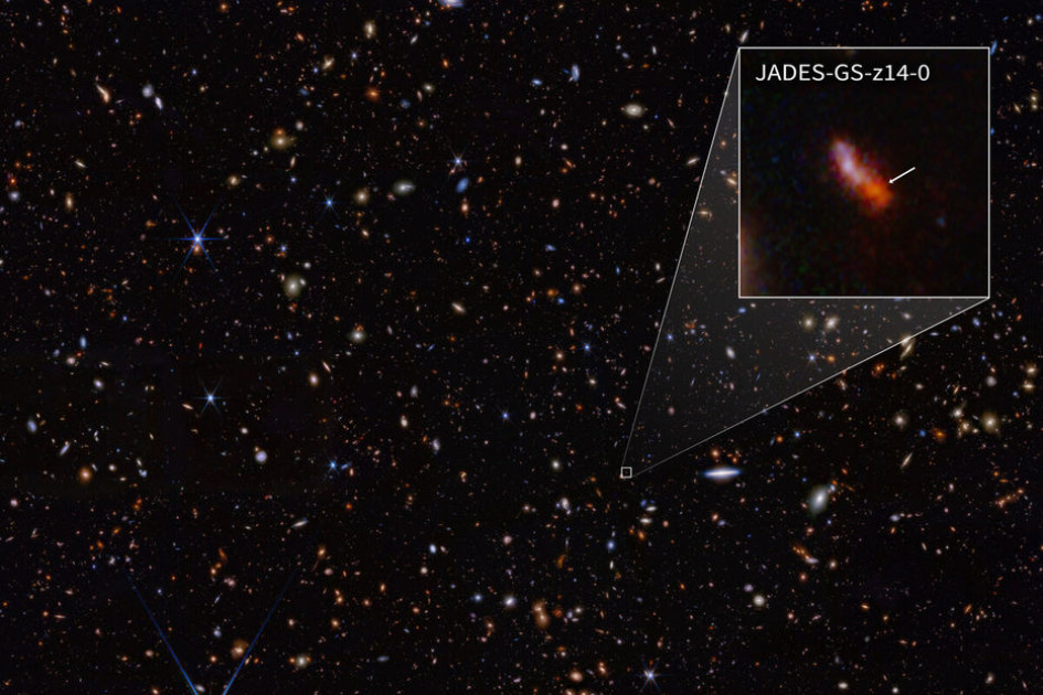 El telescopio espacial James Webb observó la galaxia JADES-GS-z14-0, que corresponde a unos 290 millones de años después del Big Bang. El telescopio espacial James Webb observó la galaxia JADES-GS-z14-0, que corresponde a unos 290 millones de años después del Big Bang.