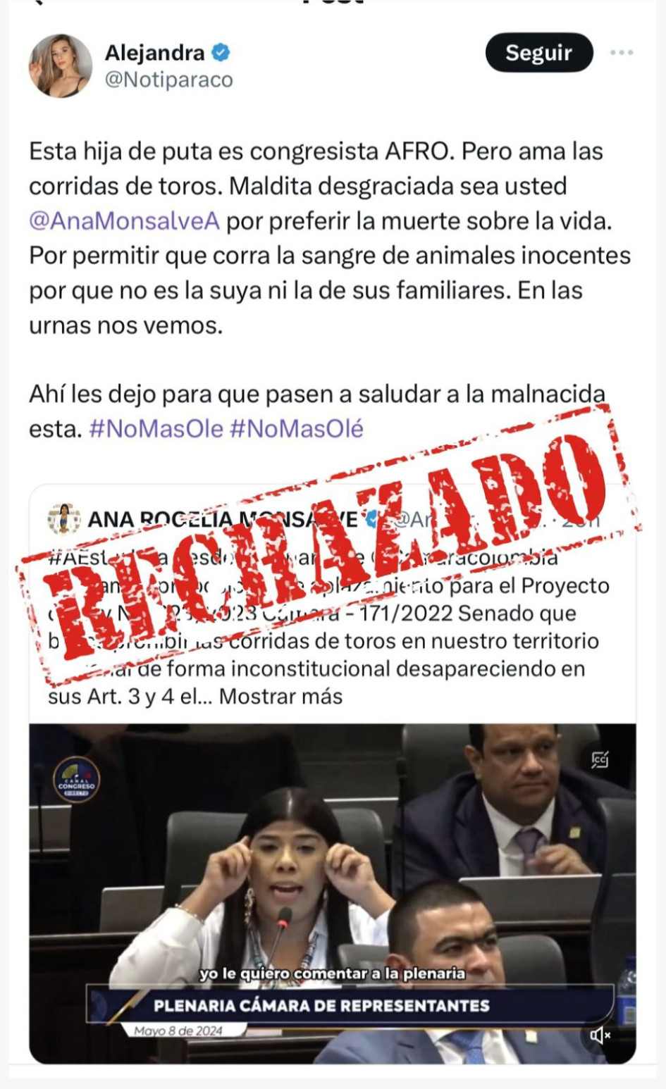 La representante Ana Rogelia Monsalve rechazó las agresiones de las que ha sido víctima en redes por su posición en contra de prohibir las corridas de toros. La representante Ana Rogelia Monsalve rechazó las agresiones de las que ha sido víctima en redes por su posición en contra de prohibir las corridas de toros.