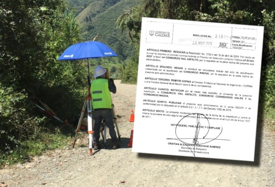 La Secretaría de Infraestructura de Caldas emitió este jueves la resolución en la que revoca el contrato del mejoramiento de la vía Supía - Caramanta con el Consorcio Asfalto Vial. La Secretaría de Infraestructura de Caldas emitió este jueves la resolución en la que revoca el contrato del mejoramiento de la vía Supía - Caramanta con el Consorcio Asfalto Vial.