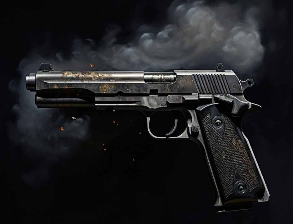 Ilustración de primer plano del arma rodeada de pólvora después de disparar. Ilustración de primer plano del arma rodeada de pólvora después de disparar.