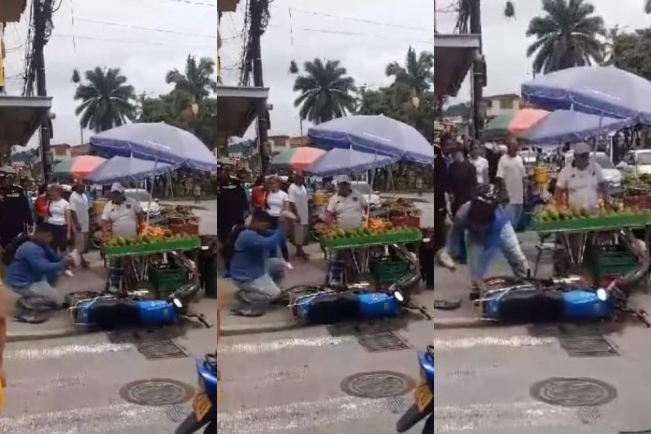 En Chinchiná (Caldas) un conductor golpeó con una roca su moto este jueves. En Chinchiná (Caldas) un conductor golpeó con una roca su moto este jueves.