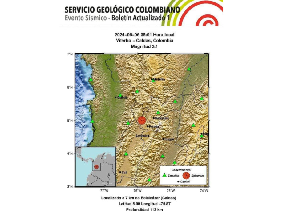 Este es el reporte que publicó el Servicio Geológico Colombiano del sismo en Viterbo (Caldas). Este es el reporte que publicó el Servicio Geológico Colombiano del sismo en Viterbo (Caldas).
