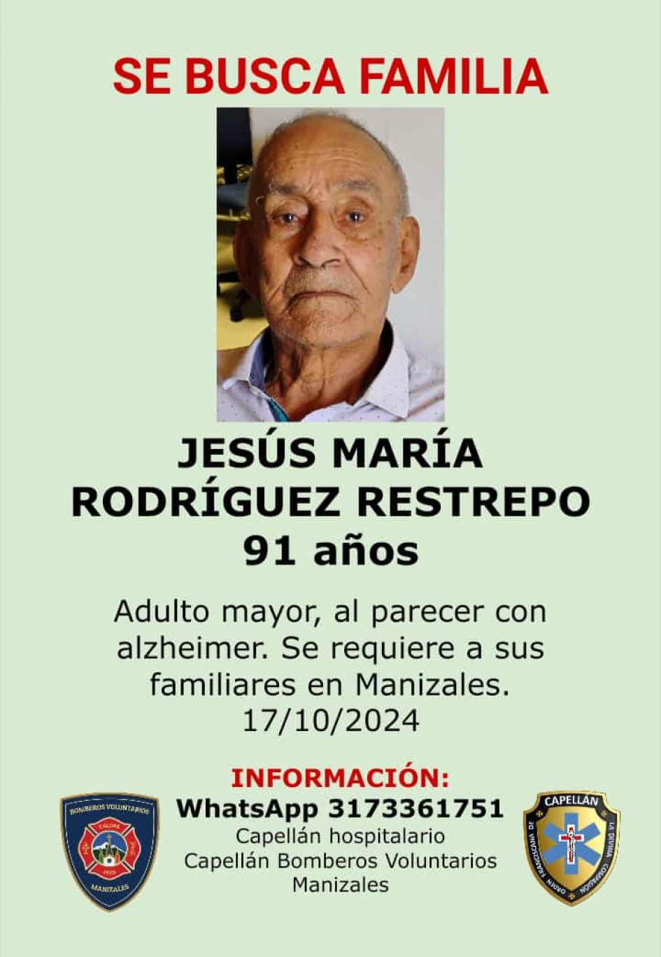 Jesús María Rodríguez Restrepo, de 91 años de edad. Jesús María Rodríguez Restrepo, de 91 años de edad.