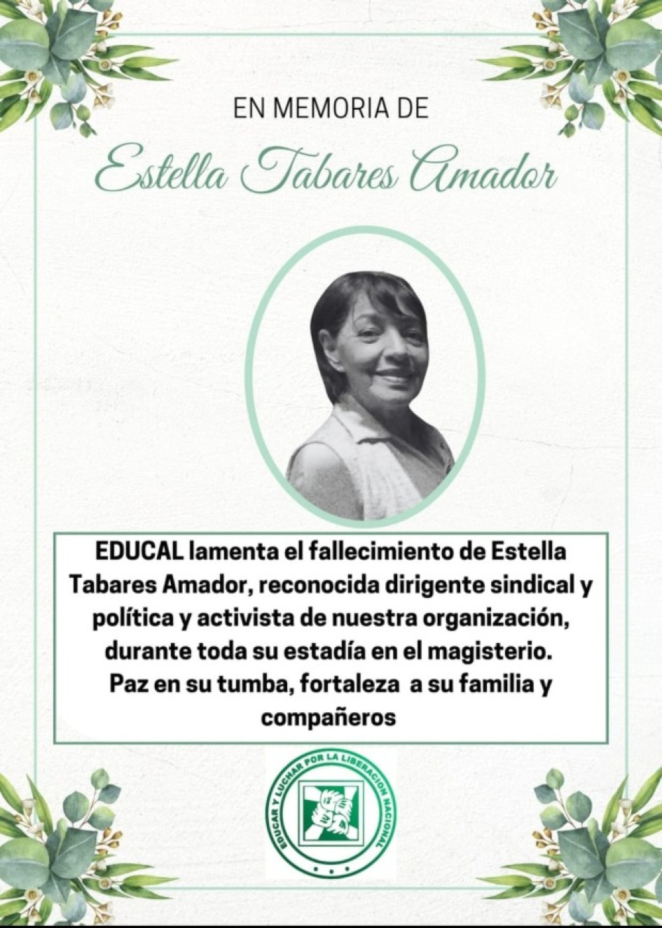 Luz Estella Tabares Amador, exdocente y exdirectiva del sindicato Educadores Unidos de Caldas (Educal), fallecida este jueves 10 de octubre. Luz Estella Tabares Amador, exdocente y exdirectiva del sindicato Educadores Unidos de Caldas (Educal), fallecida este jueves 10 de octubre.