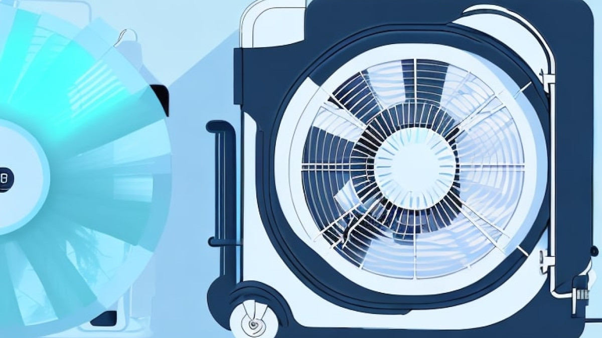 Ilustración en tonos azules de un ventilador de aire acondicionado.